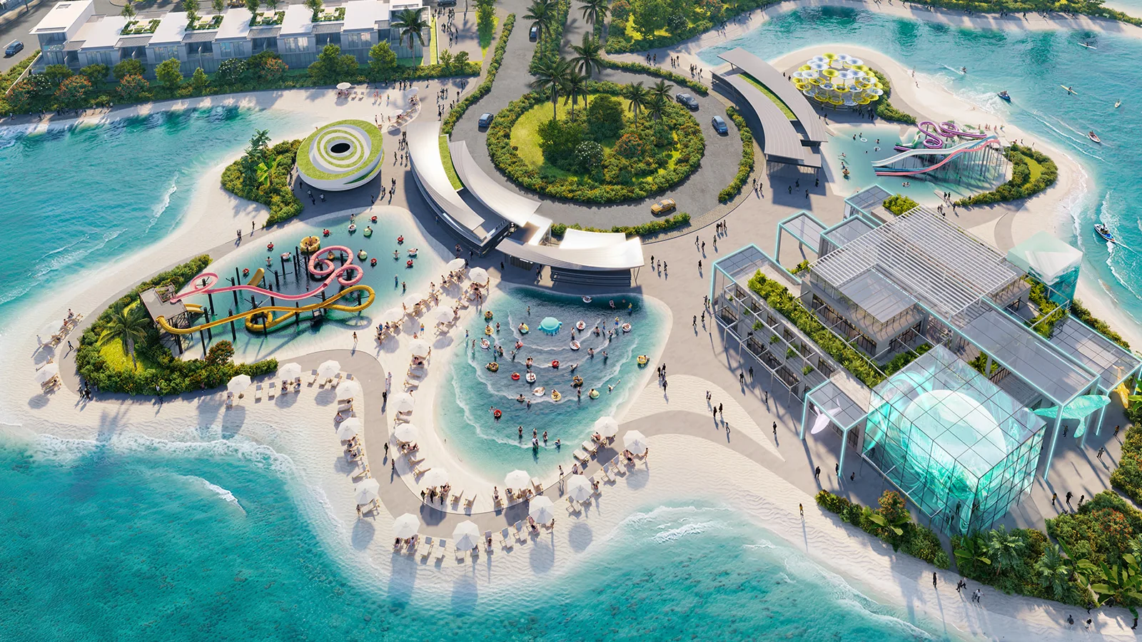 Aerial view of the central hub at DAMAC Islands: lagoon beaches, aqua park and clubhouse in Dubailand