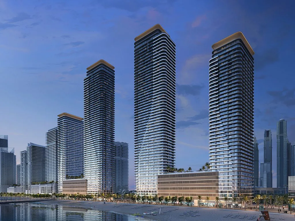 Bayview by Address Resorts towers at dusk, Emaar Beachfront