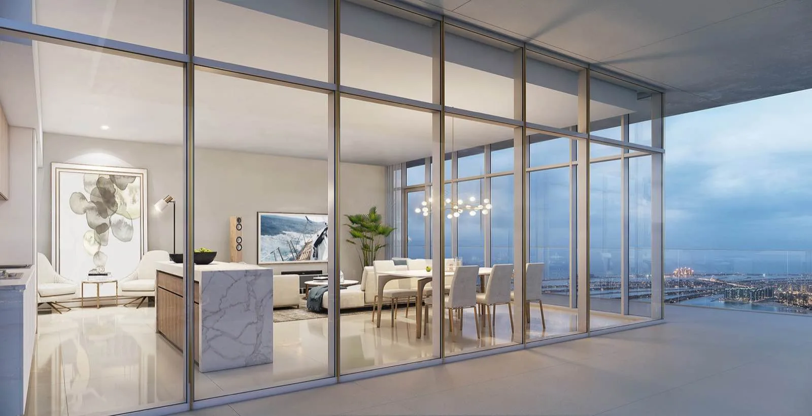 Living room with floor-to-ceiling glass and sea views, Emaar Beachfront