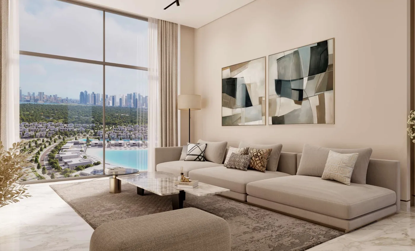 Bright apartment living room with a corner sofa and a floor-to-ceiling window overlooking the lagoon and villas, Sobha Hartland II