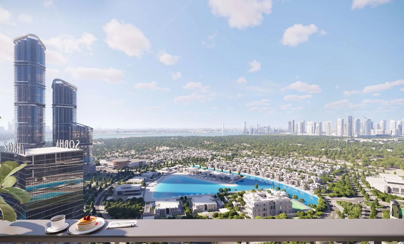 Balcony view over the lagoon and villas towards the Dubai skyline, Sobha Hartland II