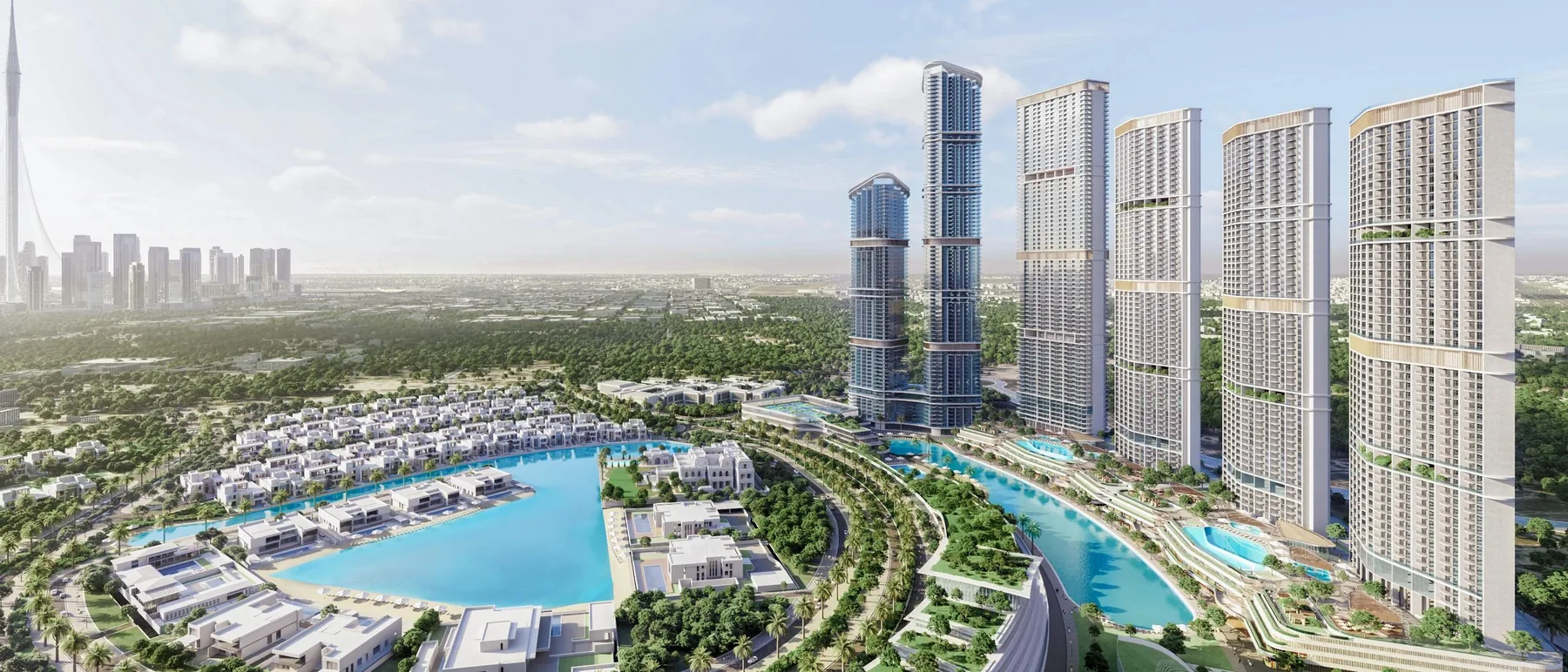 Aerial view of Sobha Hartland II in MBR City: residential towers, villas and the crystal lagoon