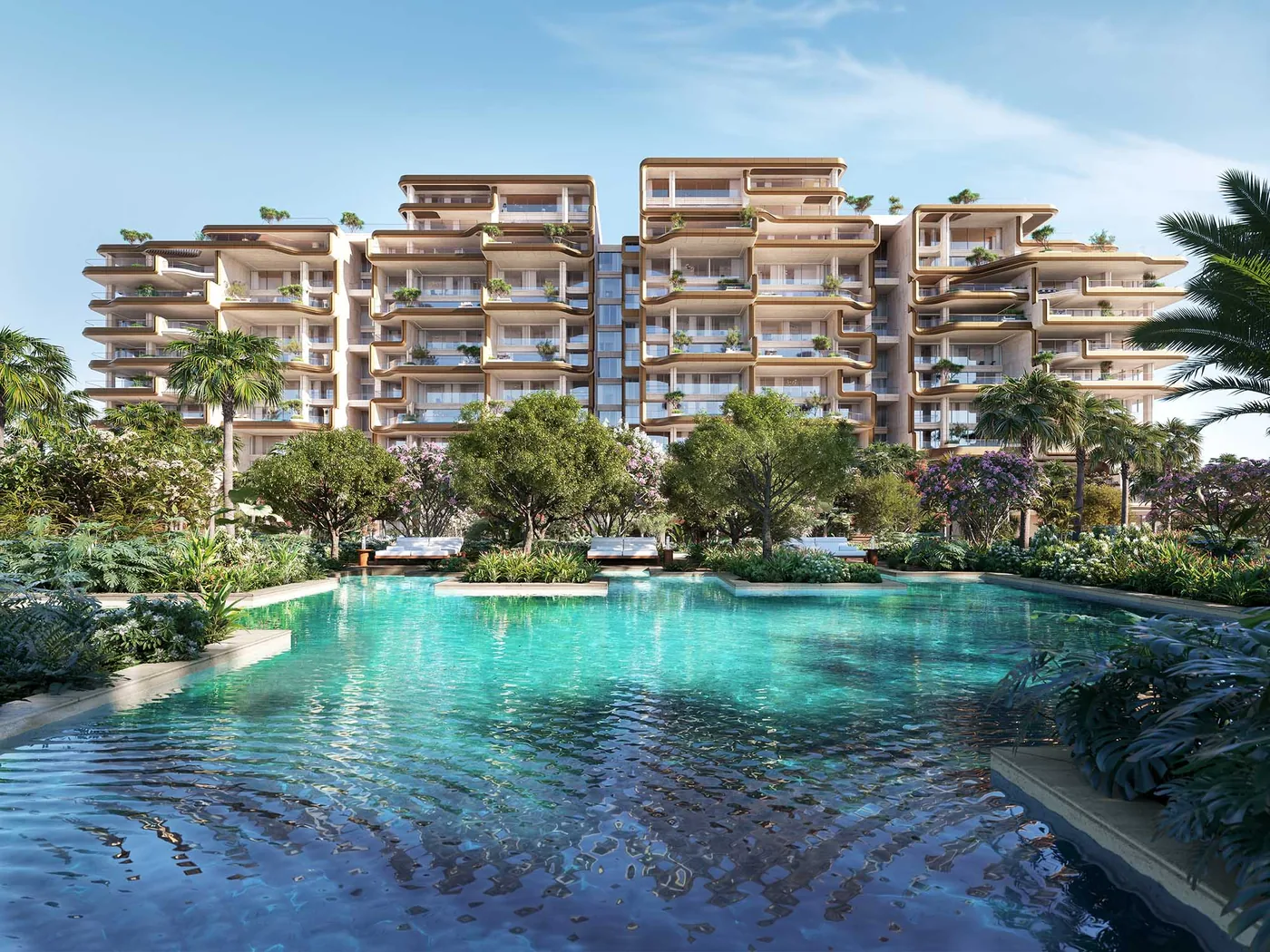 The Alba Residences terraced facade above a lagoon-style pool and gardens