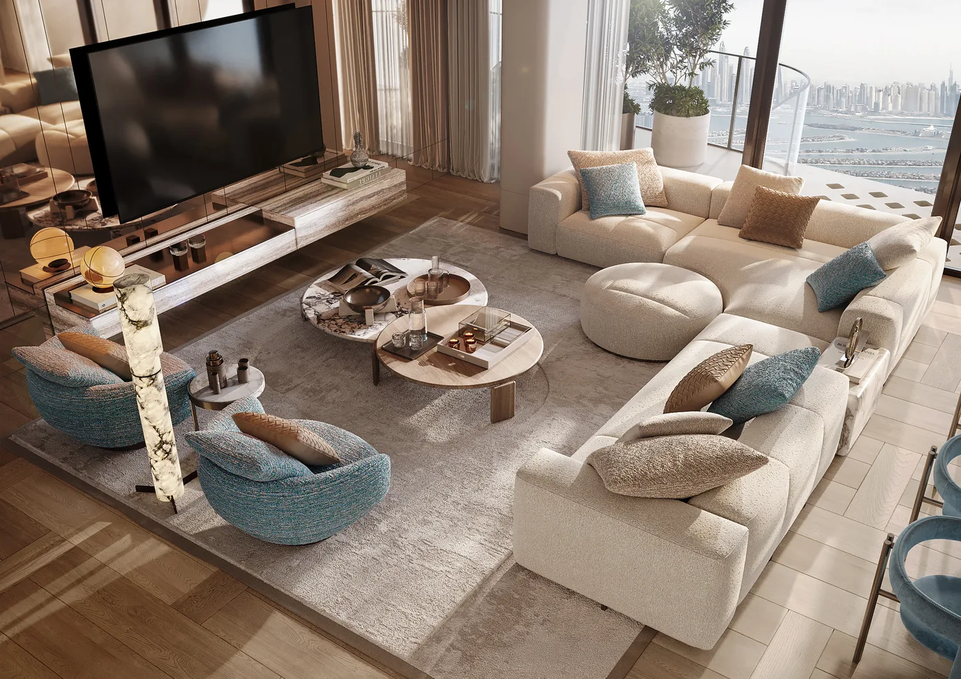 Residence living room with sectional sofas, armchairs and Palm Jumeirah views, The Alba