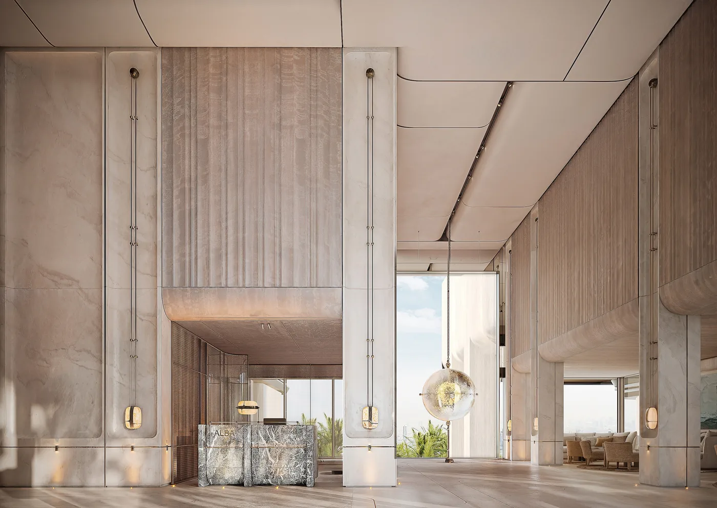 Double-height marble and timber residents' lobby with a reception desk, The Alba Residences
