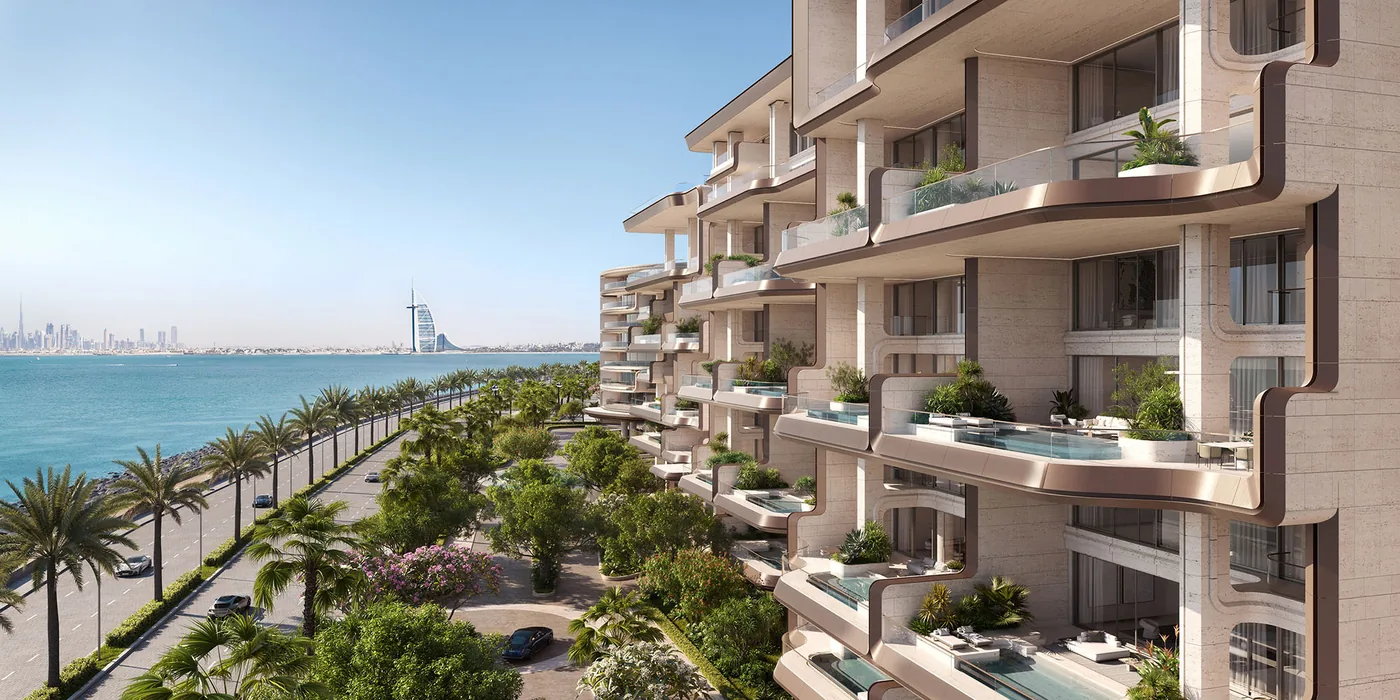 Curved balconies with private plunge pools facing the Gulf and the Burj Al Arab, The Alba Residences