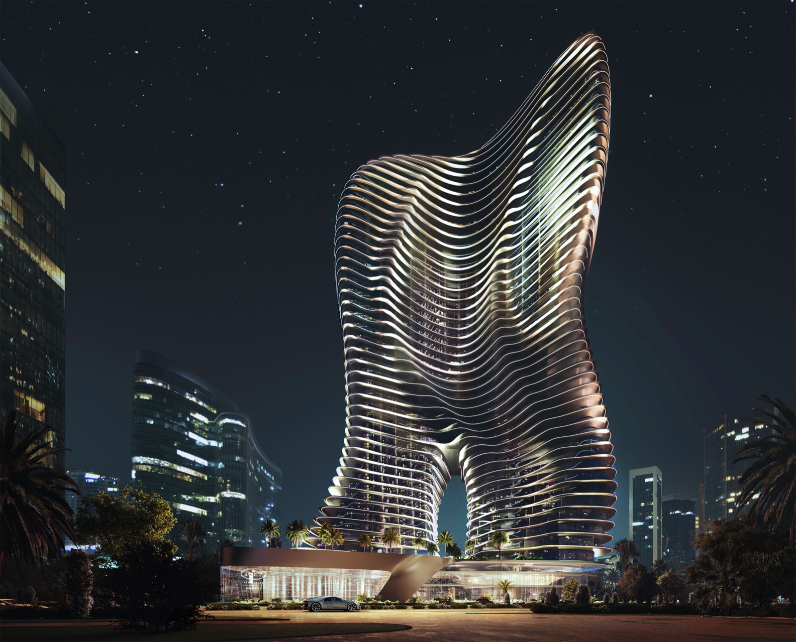 Bugatti Residences by Binghatti sculptural tower at night, Business Bay Dubai
