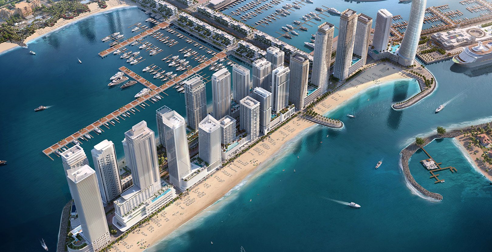 Emaar Beachfront aerial render, private island between Dubai Marina and Palm Jumeirah