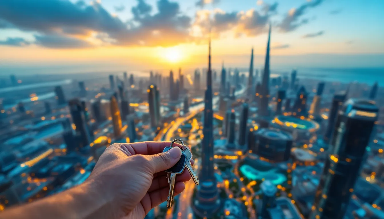 Buyer holding keys with Dubai skyline in the background—How to buy an apartment in Dubai