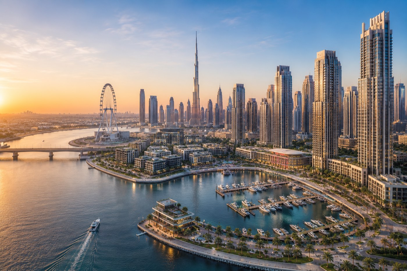 Dubai Creek Harbour at sunset with Burj Khalifa skyline - selling property in Dubai 2026