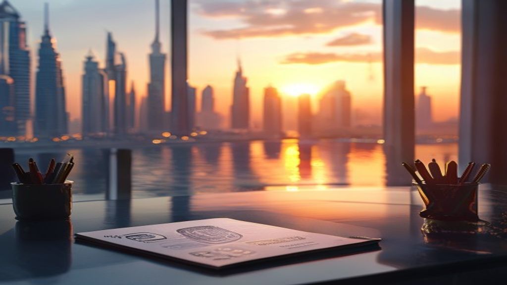 Passport and calendar on a desk overlooking the Dubai Marina skyline - checking UAE visa validity as overstay fines resume from 10 July 2026