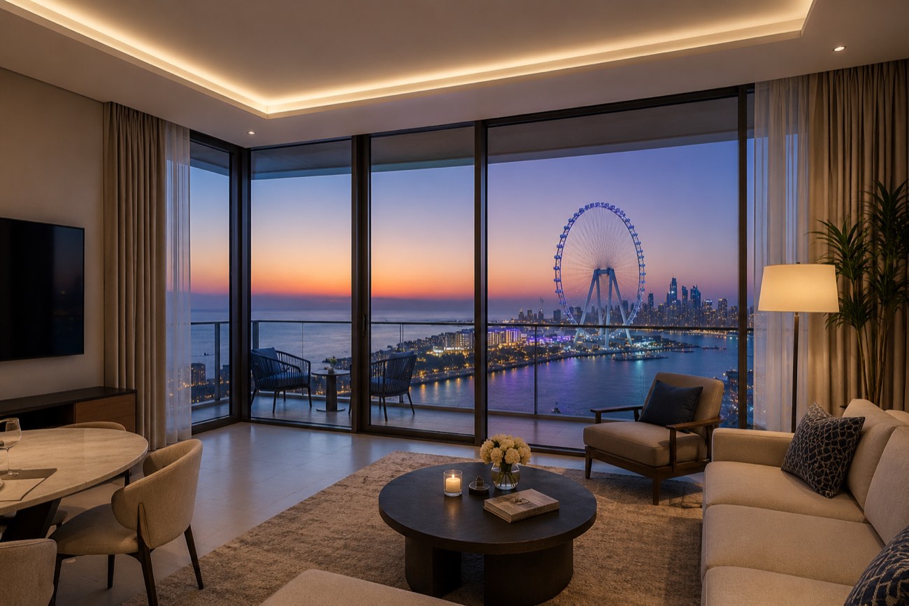 Luxury Bluewaters Island apartment living room with floor-to-ceiling windows and Ain Dubai view at sunset