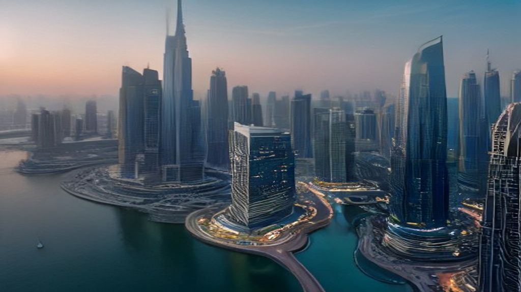 Aerial view of Business Bay Dubai skyline along the Dubai Water Canal at sunset with Burj Khalifa in the background