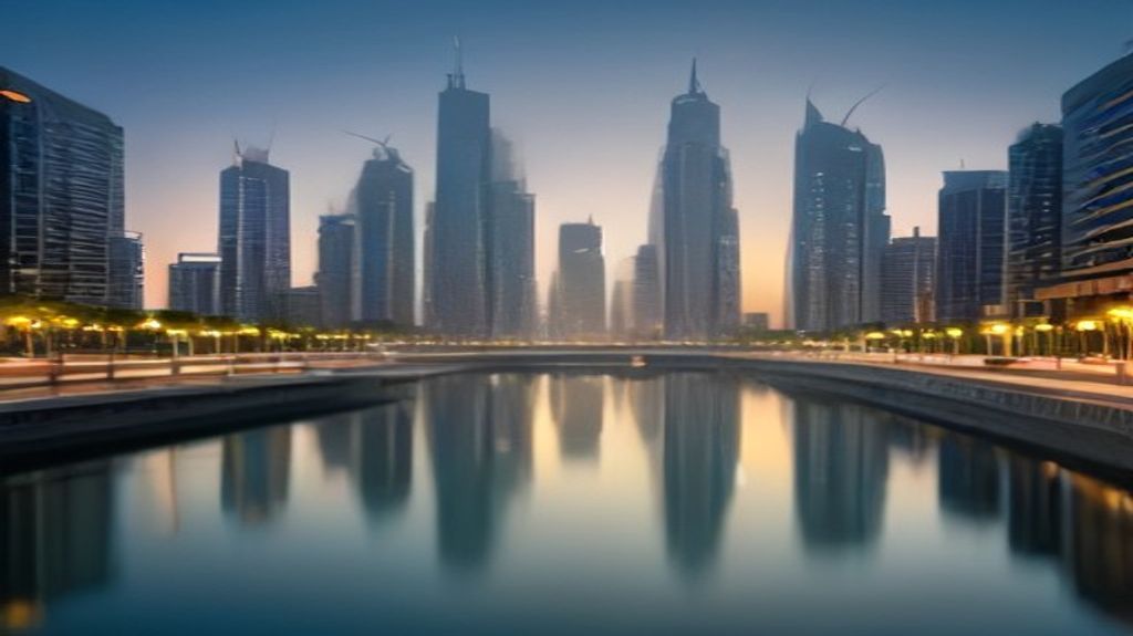 Dubai Water Canal promenade in Business Bay with residential towers and walkways at dusk