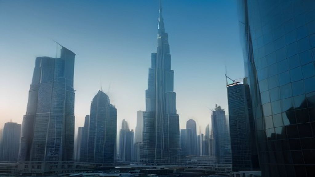 Dubai skyline in 2026 with completed residential towers beside off-plan construction cranes at golden hour