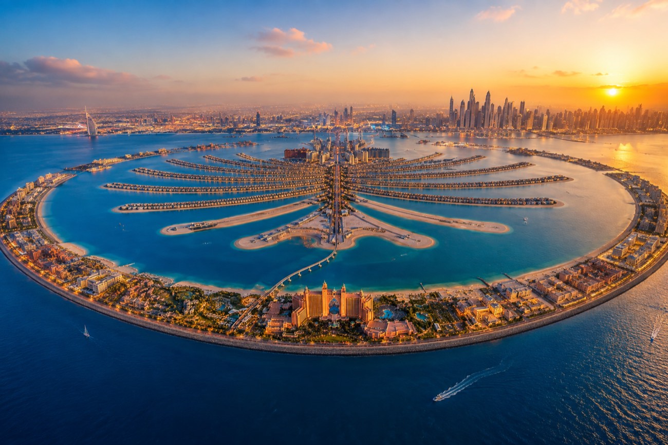 Palm Jumeirah Dubai aerial view with beachfront residences