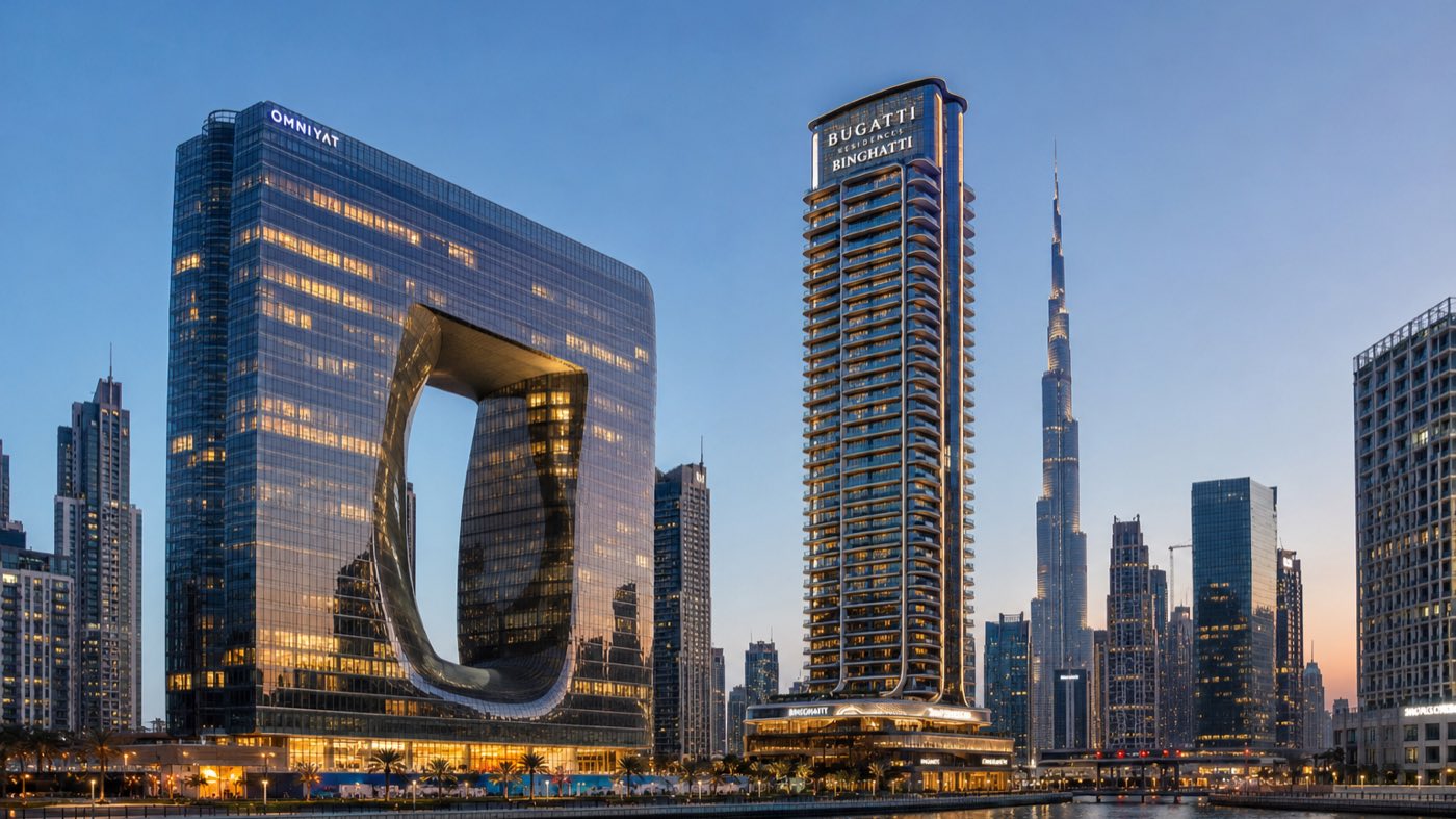 The Opus by Omniyat and Bugatti Residences by Binghatti on the Dubai Water Canal in Business Bay at dusk with the Burj Khalifa behind