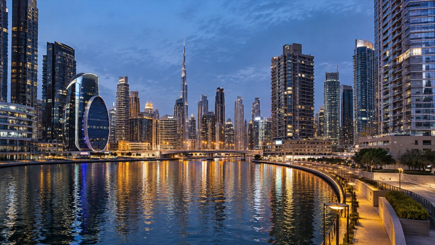 Business Bay Dubai apartment towers along the Dubai Water Canal at blue hour with the Burj Khalifa in the skyline - Business Bay property prices and area guide 2026
