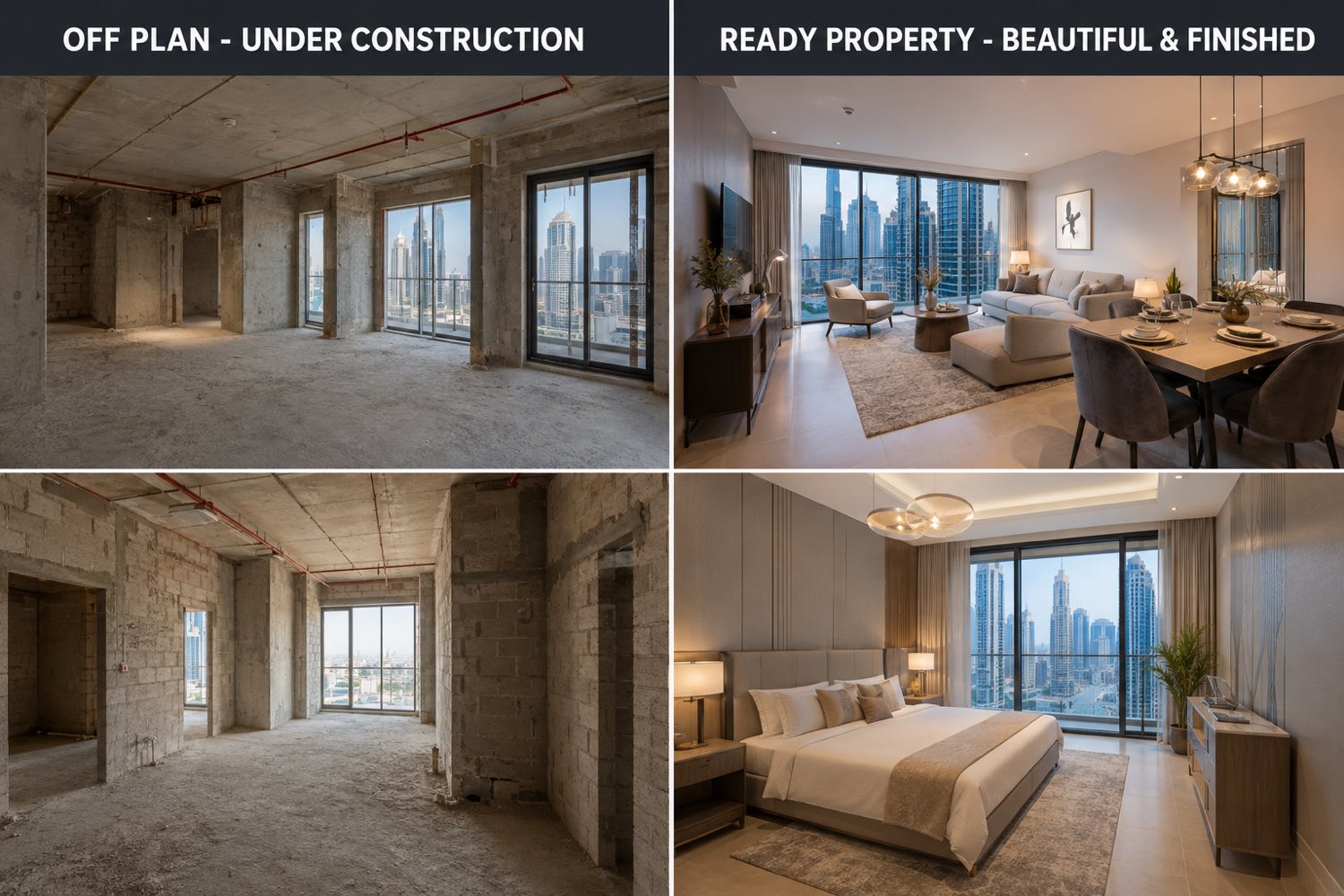 Side by side comparison of a bare concrete off plan Dubai apartment under construction and the same unit fully finished and furnished with Dubai skyline views
