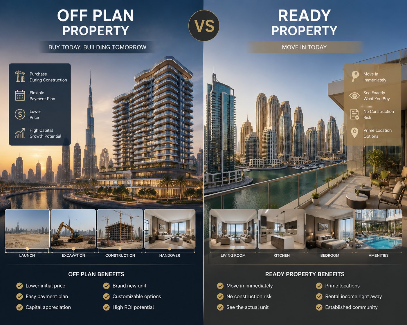 Off plan versus ready property in Dubai 2026 comparison showing an off plan tower under construction with payment plan benefits beside a completed ready apartment with immediate move in benefits