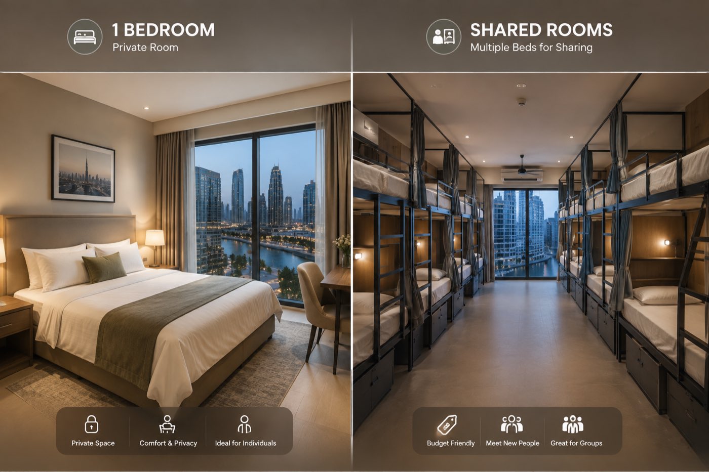 Side by side comparison of a private one bedroom Dubai apartment and a shared room with multiple bunk beds, illustrating Dubai shared housing and bed space rules under Law No. 4 of 2026