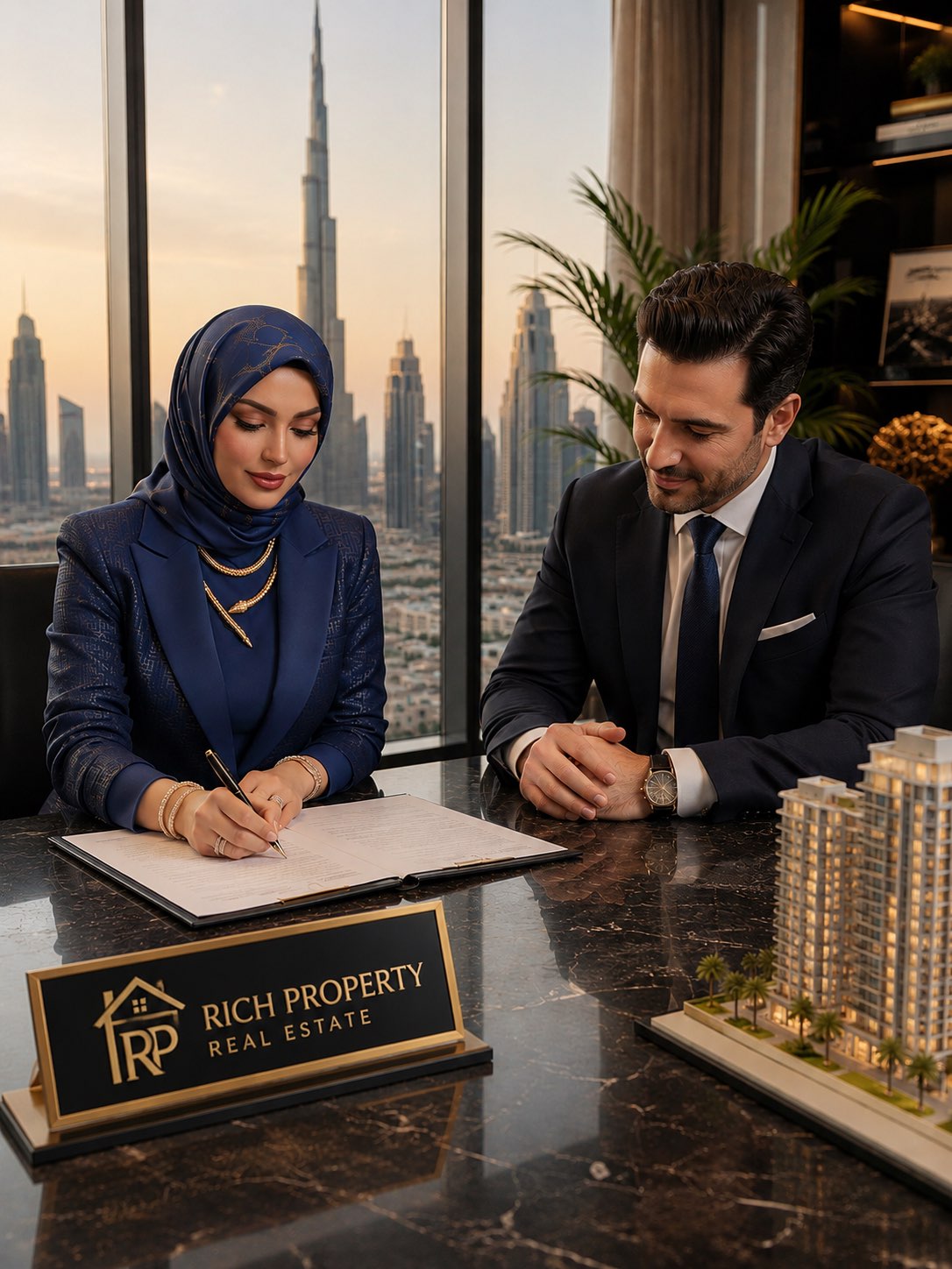 Buyer signing a Dubai property sale agreement with a Rich Property real estate consultant in a Dubai office, Burj Khalifa skyline behind - how to buy property in Dubai step by step guide 2026