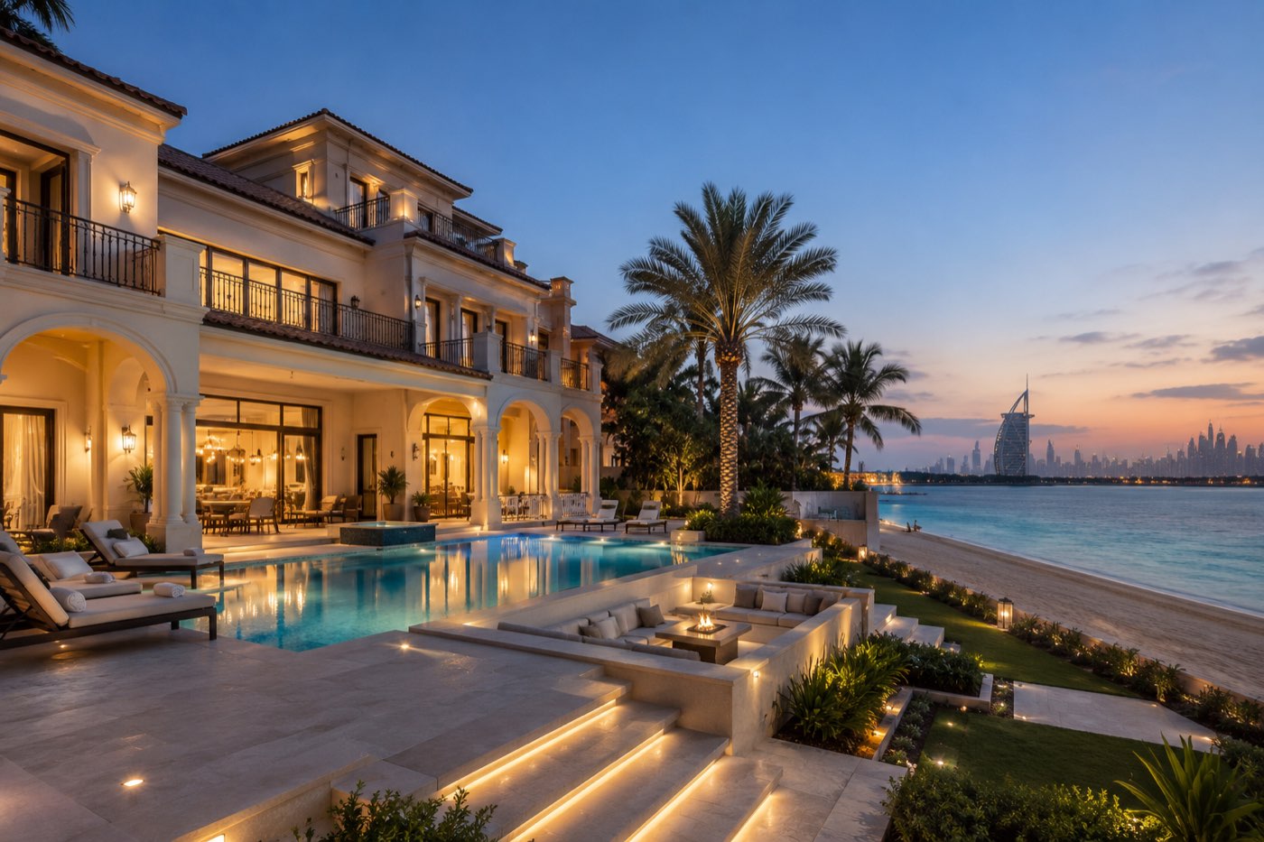 Luxury beachfront villa in a Dubai freehold community at dusk with a private pool, palm trees and the Burj Al Arab on the horizon - the type of freehold home foreign buyers can purchase in Dubai - the kind of ready property foreign buyers can own outright