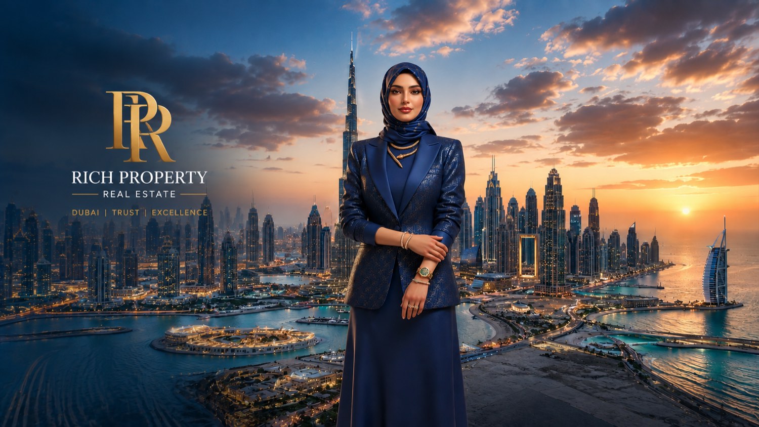 Rich Property branded image of the Dubai skyline at sunset promoting Dubai One Million Prompters, the AI and prompt engineering programme run by the Dubai Centre for Artificial Intelligence with the Dubai Future Foundation