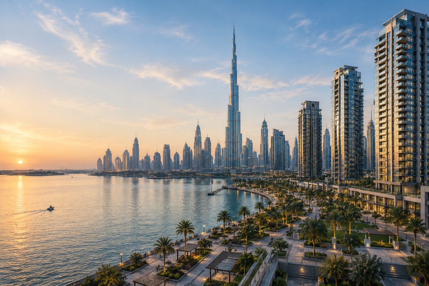 Dubai waterfront residential towers at sunset with the Burj Khalifa and the Downtown Dubai skyline across the water - staying legal on a UAE visa while living in Dubai in 2026
