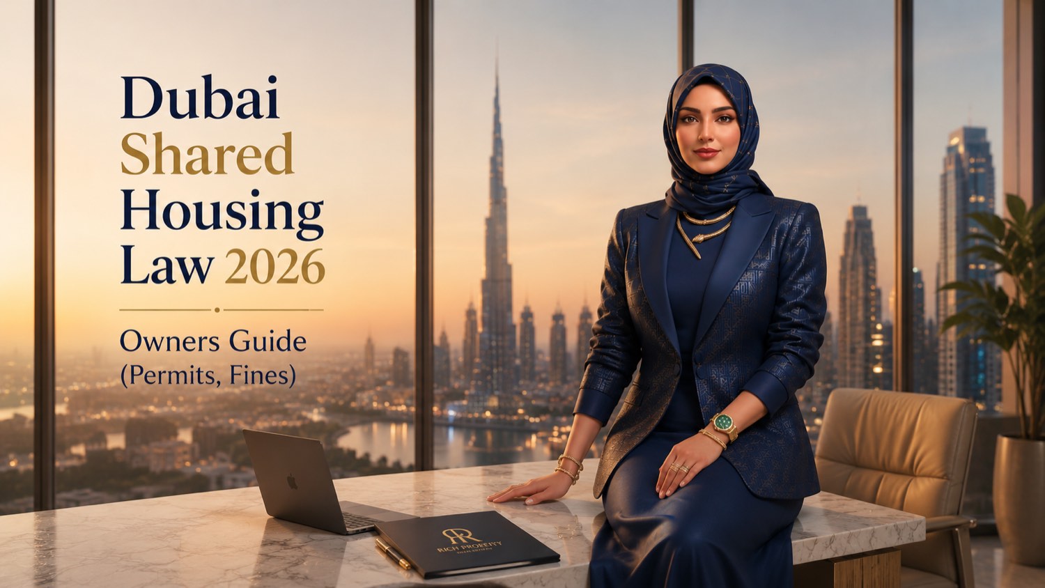 Dubai Shared Housing Law 2026 owners guide by Rich Property - permits, fines and compliance for owners renting shared accommodation in Dubai, with the Burj Khalifa skyline behind