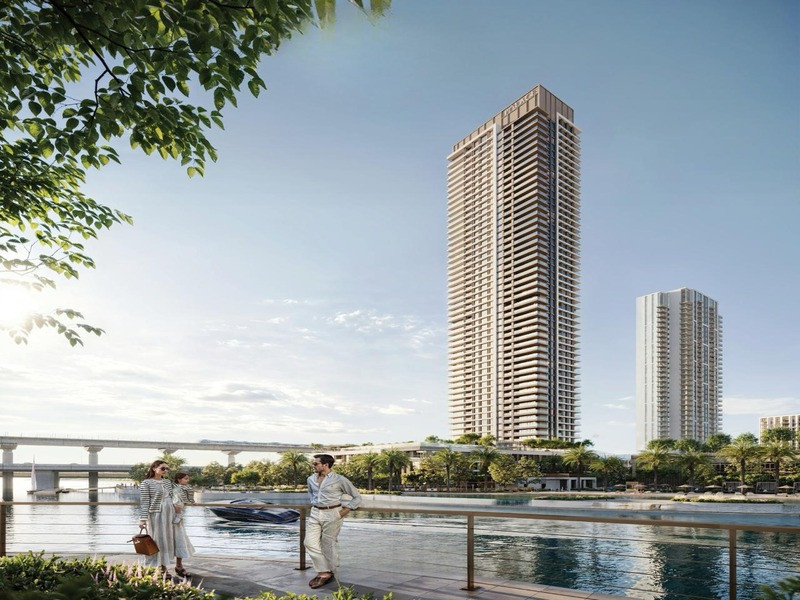 Dubai Creek Harbour waterfront towers and marina promenade view