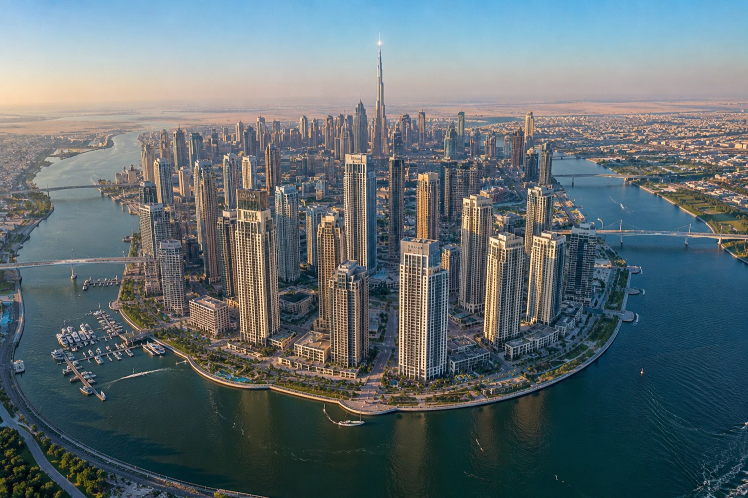 Aerial view of Dubai Creek Harbour at golden hour with the Creek Beach residential towers, the marina and Downtown Dubai with the Burj Khalifa on the skyline behind - Dubai Creek Harbour apartment prices and buying guide 2026