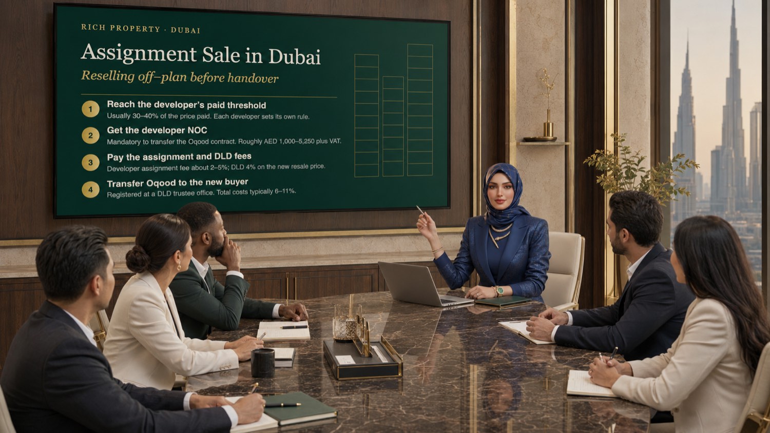 Rich Property adviser presenting the four steps of a Dubai assignment sale in a Business Bay boardroom - reaching the developer paid threshold of 30 to 40 percent, obtaining the developer NOC, paying the assignment fee and 4 percent DLD fee, and transferring the Oqood to the new buyer