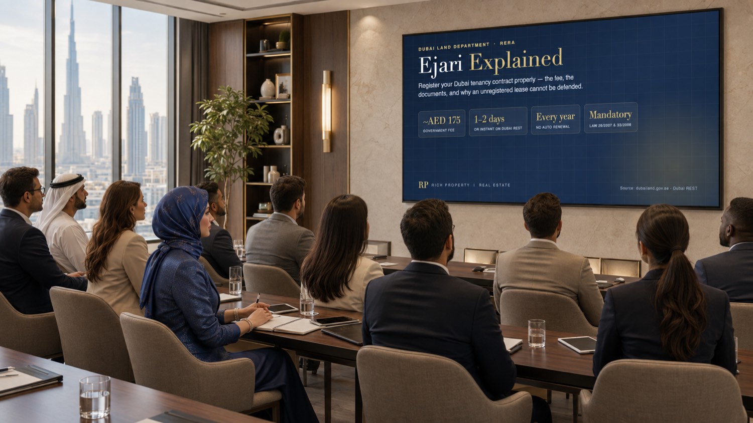 Rich Property briefing on Ejari registration in a Dubai boardroom overlooking the Burj Khalifa, with the on-screen summary showing the approximate AED 175 government fee, one to two day processing or instant on Dubai REST, annual re-registration with no auto renewal, and the legal basis in Law 26 of 2007 and Law 33 of 2008