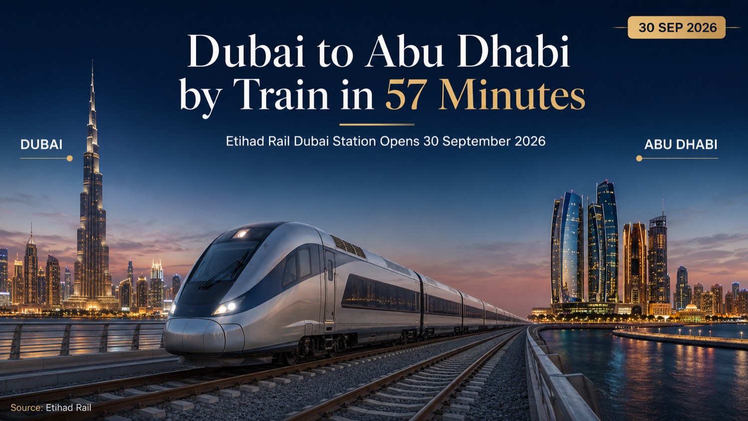 Dubai to Abu Dhabi by train in 57 minutes banner by Rich Property - a high speed Etihad Rail passenger train between the Dubai and Abu Dhabi skylines, marking the Dubai station opening on 30 September 2026