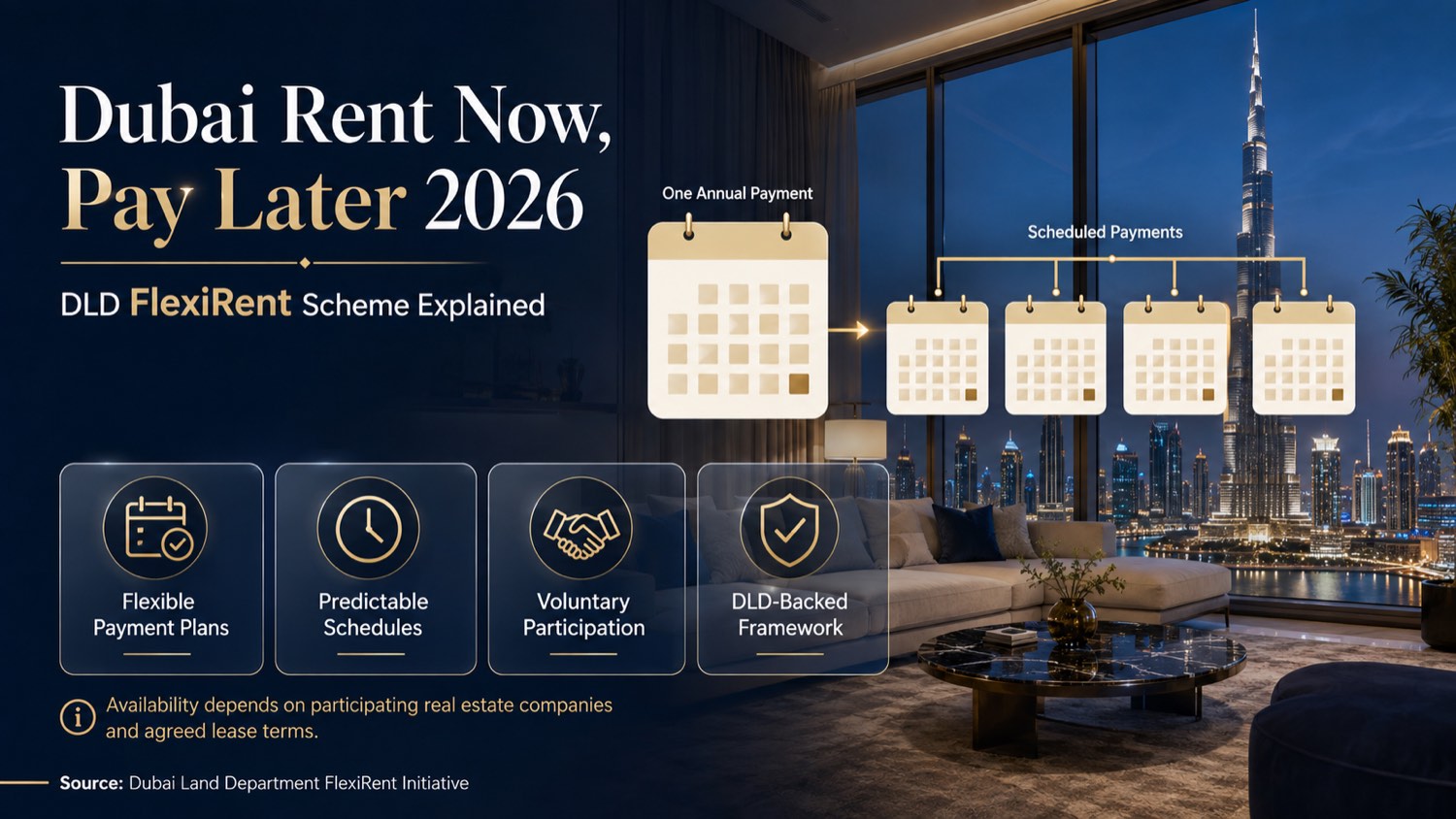 Dubai Rent Now Pay Later and DLD Flexi Rent banner by Rich Property - one annual payment becoming scheduled instalments over a Downtown Dubai living room view, with flexible payment plans, predictable schedules, voluntary participation and a DLD backed framework