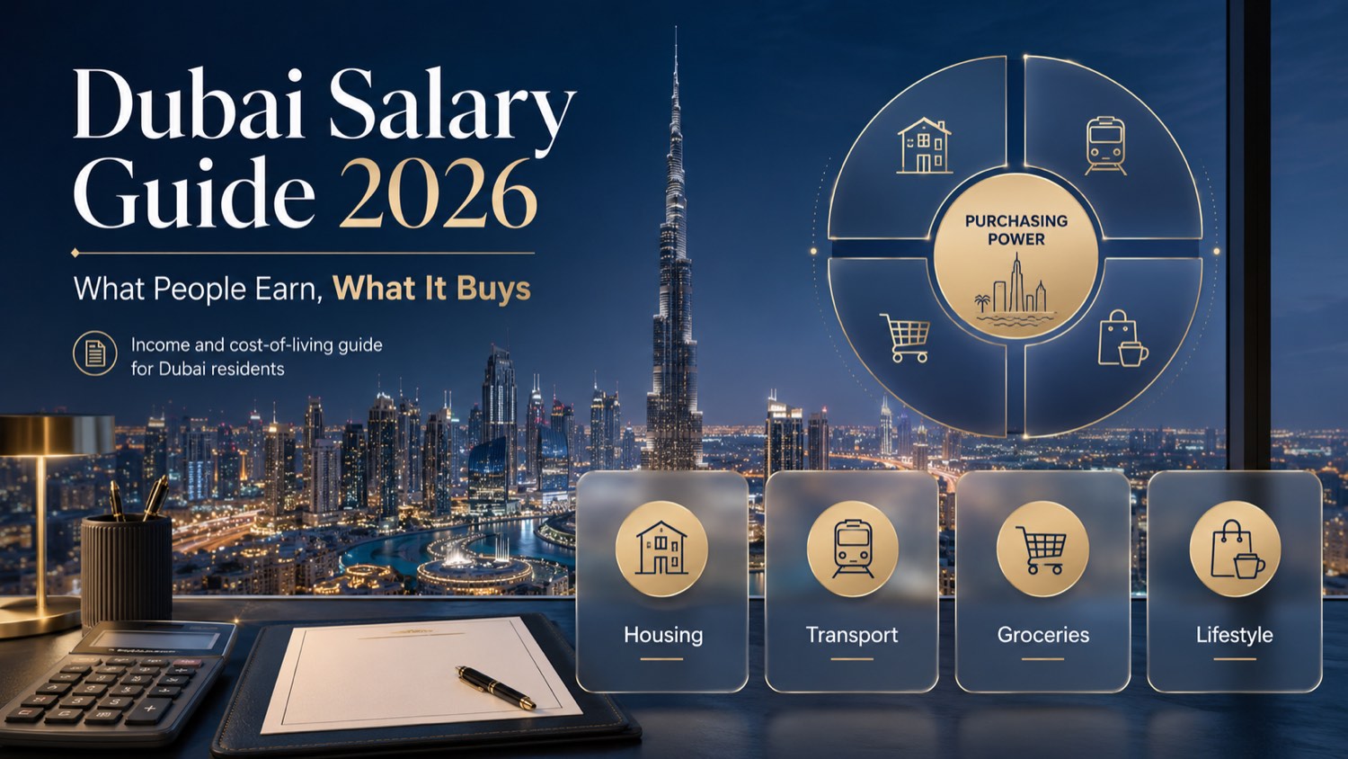 Dubai Salary Guide 2026 banner by Rich Property over a night view of Downtown Dubai - what people earn and what it buys, with purchasing power split across housing, transport, groceries and lifestyle