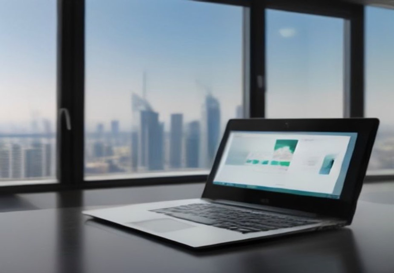 Digital corporate tax filing dashboard on laptop with Dubai skyline in the background