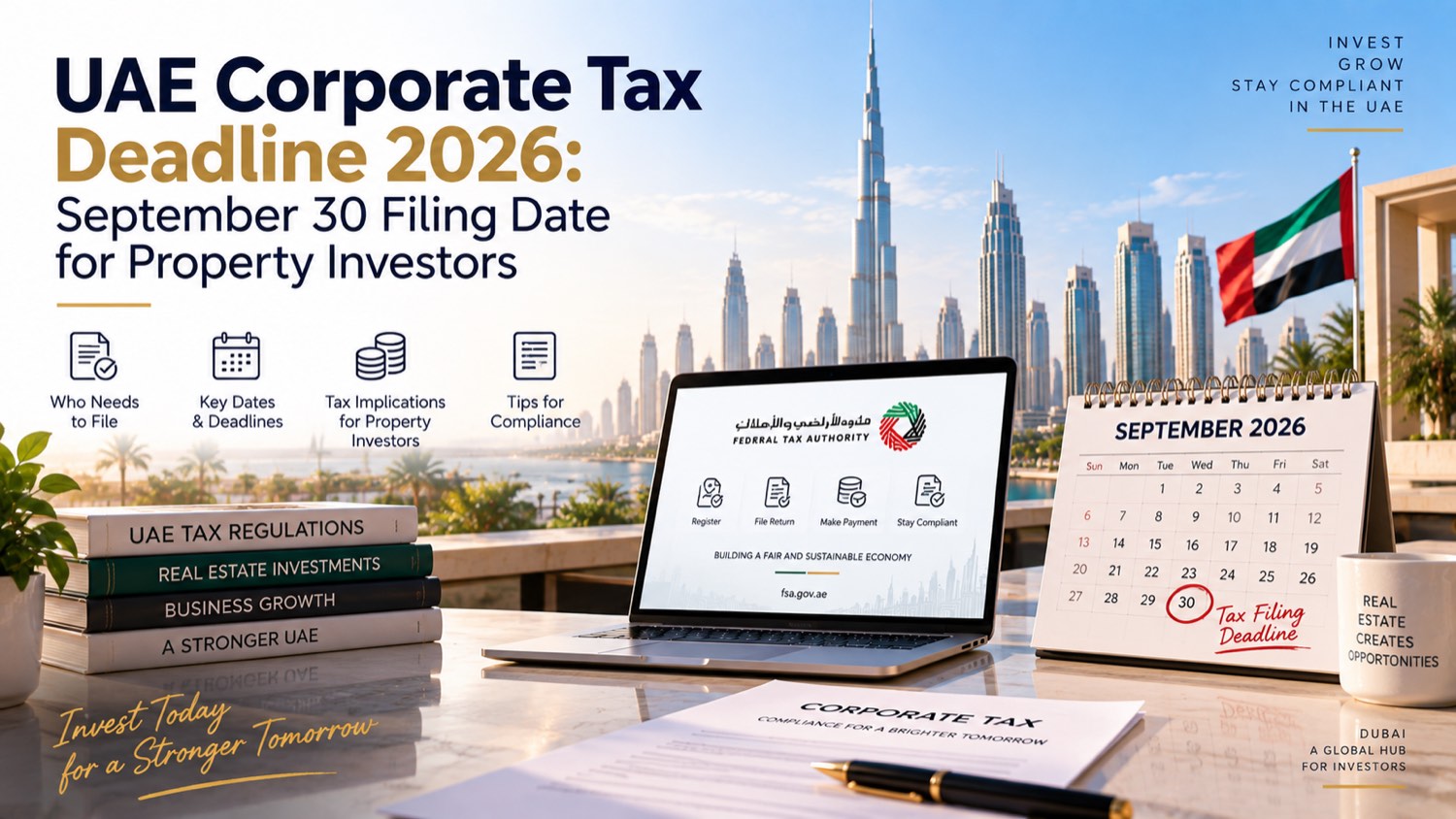 UAE Corporate Tax Deadline 2026 banner - September 30 filing date for property investors, calendar marking the deadline against the Dubai skyline