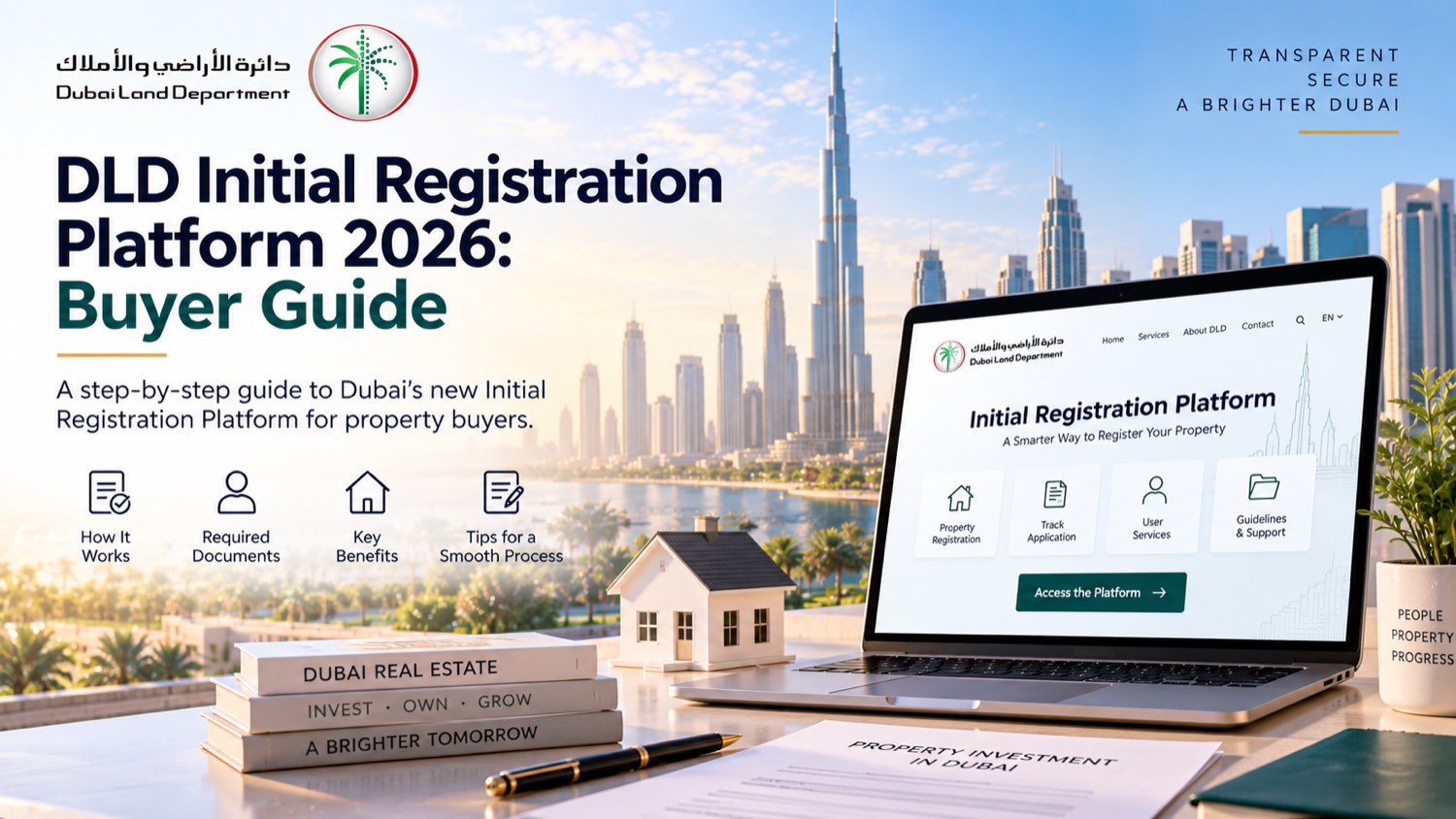 DLD Initial Registration Platform 2026 buyer guide banner - Dubai Land Department platform on a laptop against the Dubai skyline
