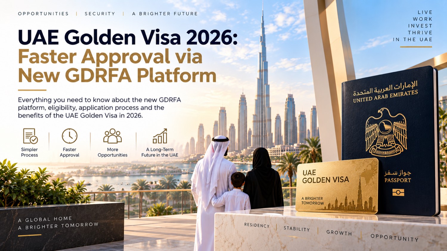 UAE Golden Visa 2026 banner - faster approval via the new GDRFA platform, Emirati family overlooking the Dubai skyline with a UAE passport and golden visa card