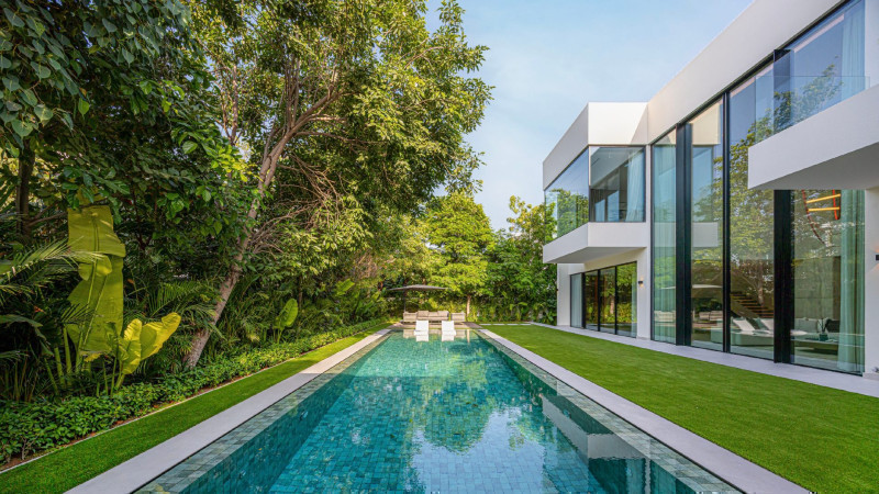 Swimming pool alongside a modern Al Barari villa framed by a large mature tree canopy in Dubai