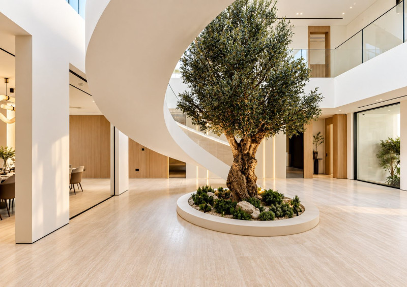 Double height entrance hall with mature olive tree beneath a curved sculptural staircase in an Emirates Hills villa