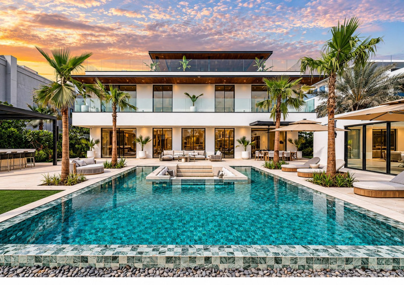 Emirates Hills Dubai villa rear elevation with mosaic tiled swimming pool and palm trees at sunset