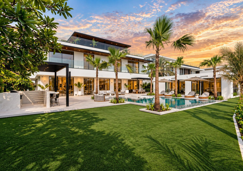 Brand new six bedroom villa with swimming pool and palm garden at sunset in Emirates Hills Dubai