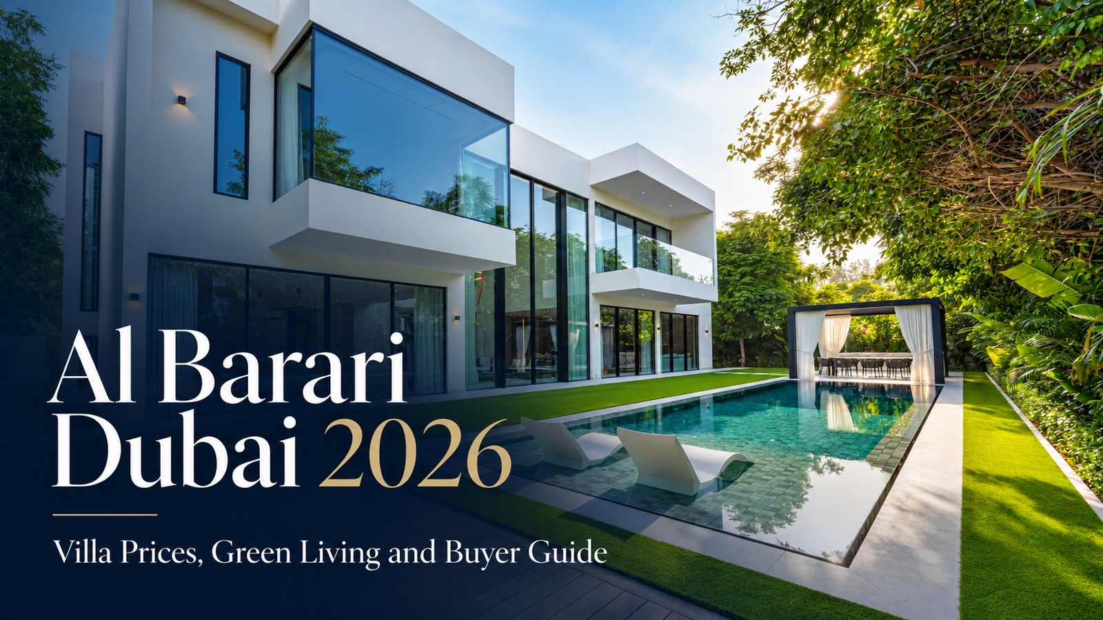 Contemporary white villa with swimming pool surrounded by mature green trees in Al Barari Dubai