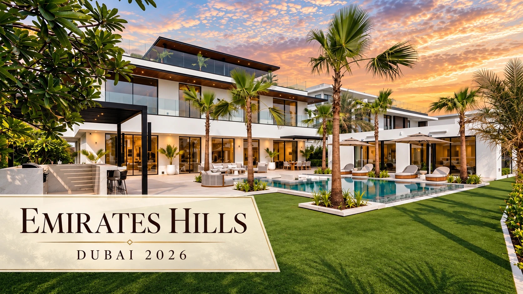Brand new six bedroom villa with swimming pool and palm garden at sunset in Emirates Hills Dubai