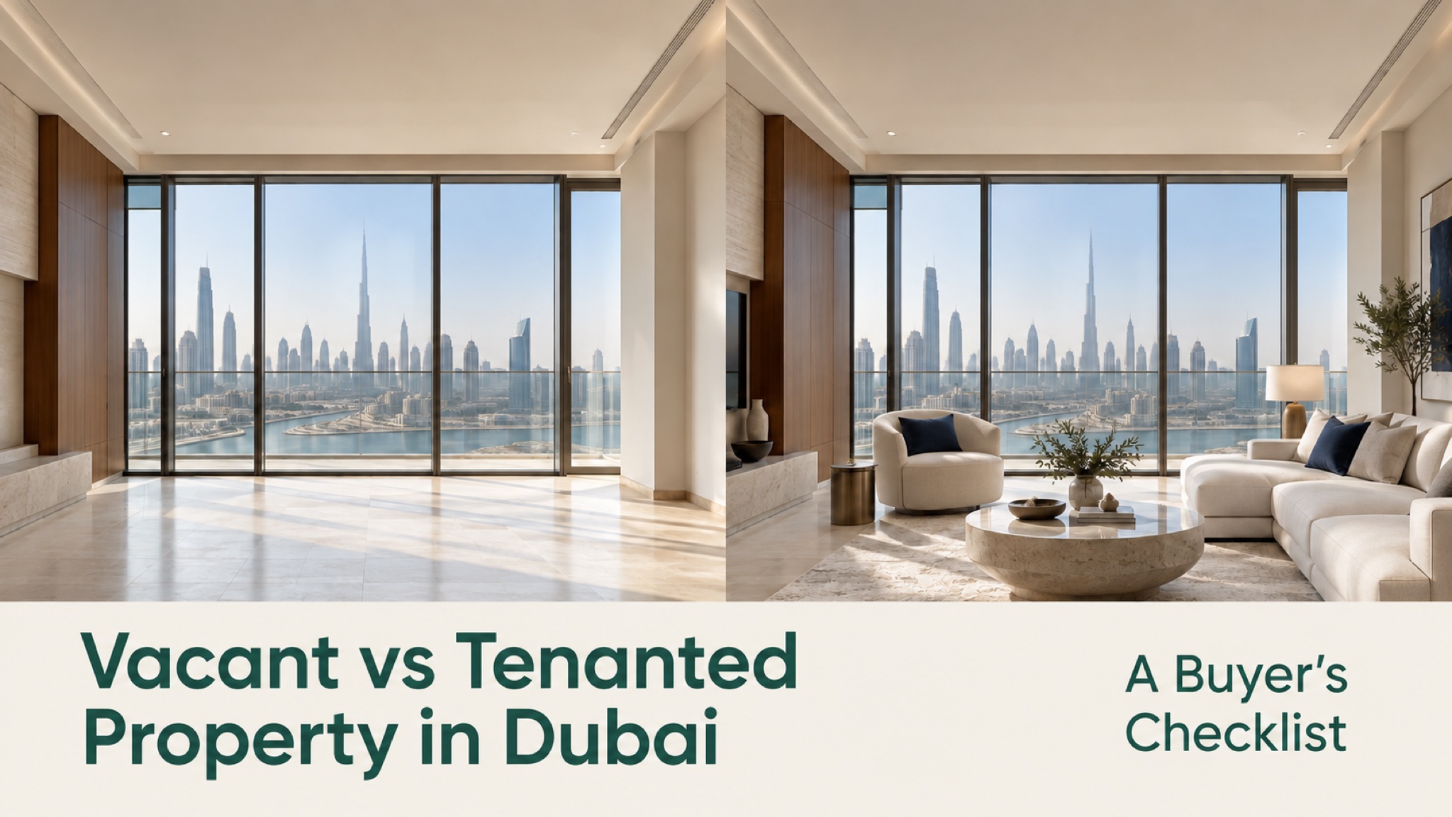 Editorial illustration of a Dubai apartment shown empty on the left and furnished on the right: Vacant vs Tenanted Property in Dubai, A Buyer's Checklist