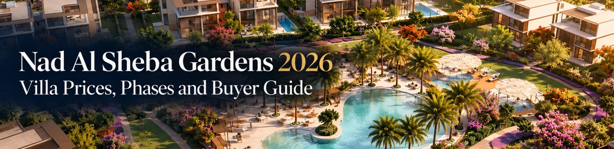 Aerial view of Nad Al Sheba Gardens by Meraas with central lagoon pool, landscaped parks and villas in Dubai