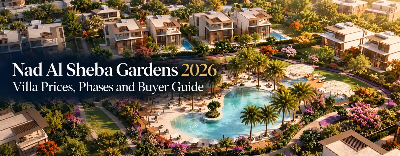 Modern pitched-roof villas at Nad Al Sheba Gardens Dubai with landscaped garden and terrace